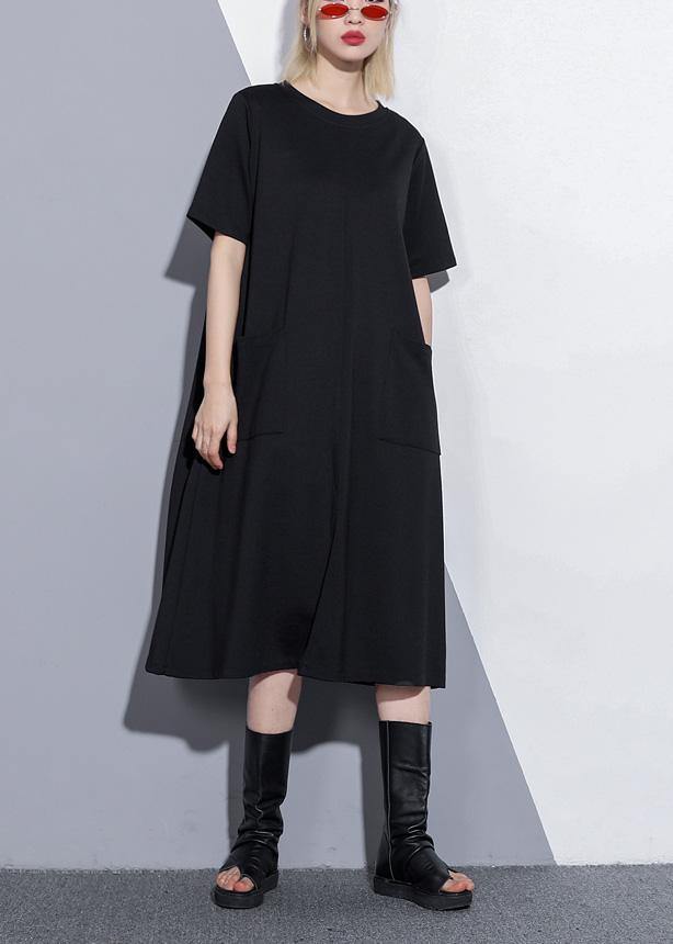 Simple o neck pockets Cotton blended tunic dress Tutorials black Dress summer - SooLinen