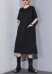 Simple o neck pockets Cotton blended tunic dress Tutorials black Dress summer - SooLinen
