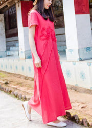 Simple o neck pockets cotton linen dresses pattern red Dress summer - SooLinen