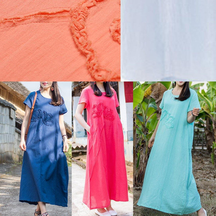 Simple o neck pockets cotton linen dresses pattern red Dress summer - SooLinen