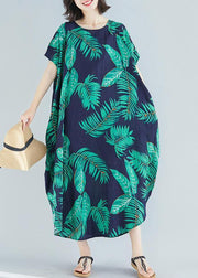 Simple o neck pockets linen cotton quilting clothes Runway blue print Dress summer - SooLinen