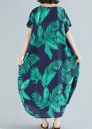 Simple o neck pockets linen cotton quilting clothes Runway blue print Dress summer - SooLinen