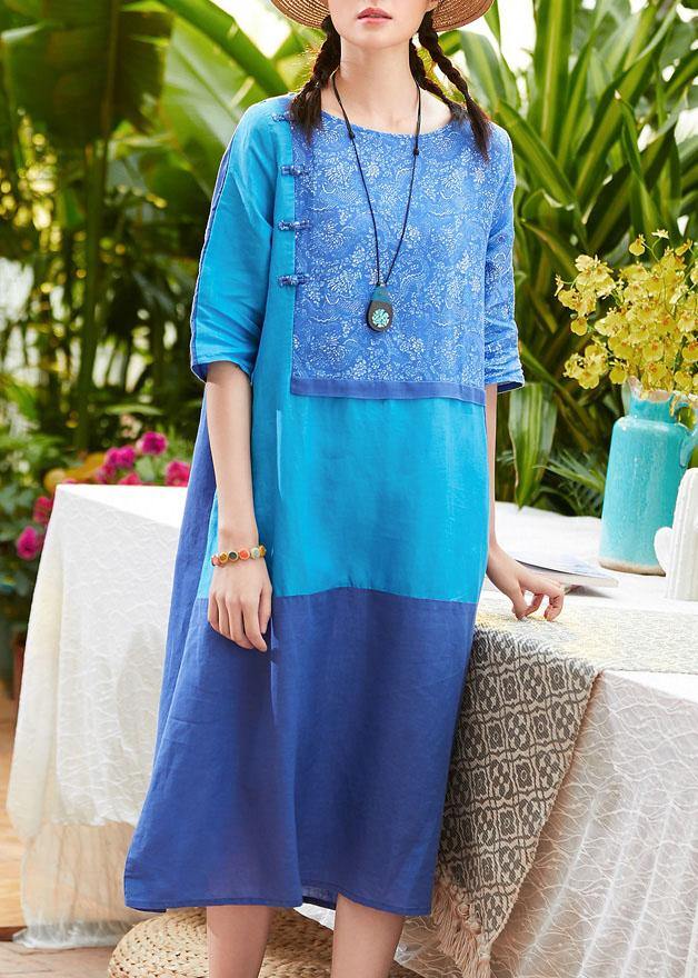 Simple o neck pockets linen dresses design blue print Dress summer - SooLinen