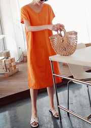 Simple o neck side open Cotton Wardrobes Photography orange Dress - SooLinen