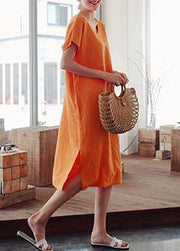 Simple o neck side open Cotton Wardrobes Photography orange Dress - SooLinen