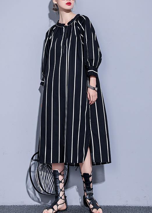 Simple o neck side open Tunics black striped cotton robes Dress summer - SooLinen