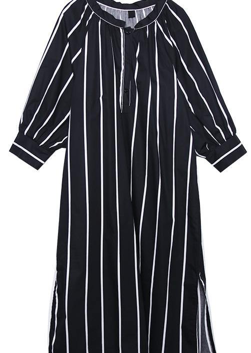 Simple o neck side open Tunics black striped cotton robes Dress summer - SooLinen