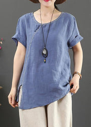 Simple o neck side open linen summer top blue cotton tops - SooLinen