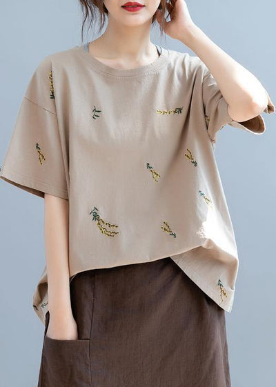 Simple o neck top Work brown embroidery tops - SooLinen