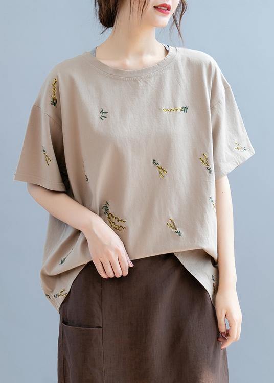 Simple o neck top Work brown embroidery tops - SooLinen
