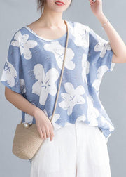 Simple o neck tunic pattern Neckline light blue print tops - SooLinen