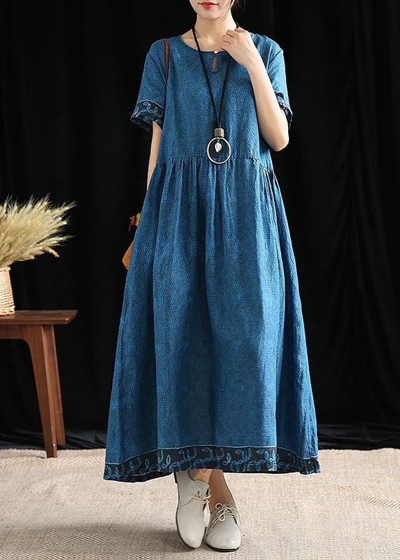 Simple o neck Cinched cotton outfit Tutorials blue print Dresses - SooLinen