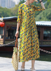 Simple o neck Cinched linen yellow print Dresses summer - SooLinen