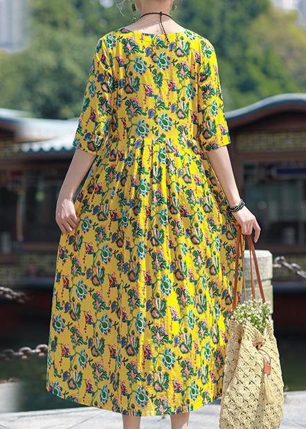 Simple o neck Cinched linen yellow print Dresses summer - SooLinen