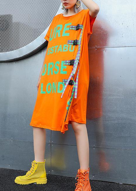 Simple orange print Cotton o neck stylish baggy summer Dresses - SooLinen