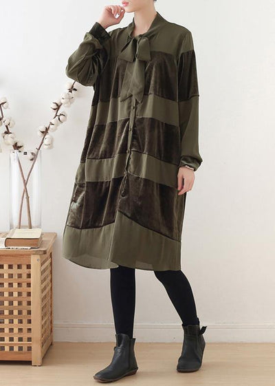 Simple patchwork Bow Cotton clothes Women Fashion Ideas army green Dresses fall - SooLinen