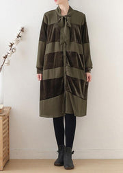 Simple patchwork Bow Cotton clothes Women Fashion Ideas army green Dresses fall - SooLinen