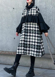 Simple patchwork Cotton dresses stand collar ruffles Dresses - SooLinen