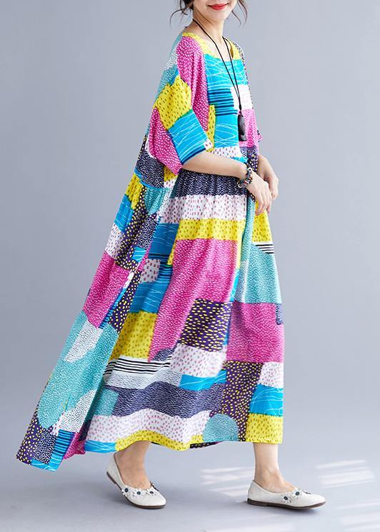 Simple patchwork color cotton dresses Inspiration rose o neck cotton robes Dress summer - SooLinen