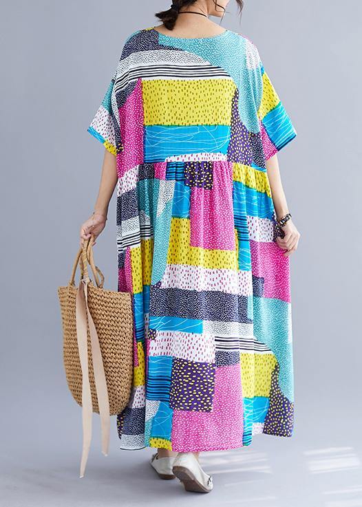 Simple patchwork color cotton dresses Inspiration rose o neck cotton robes Dress summer - SooLinen
