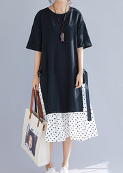 Simple patchwork false two pieces cotton linen clothes stylish Work black Maxi Dresses Summer