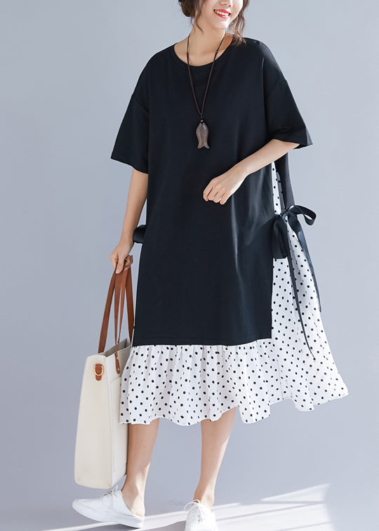Simple patchwork false two pieces cotton linen clothes stylish Work black Maxi Dresses Summer