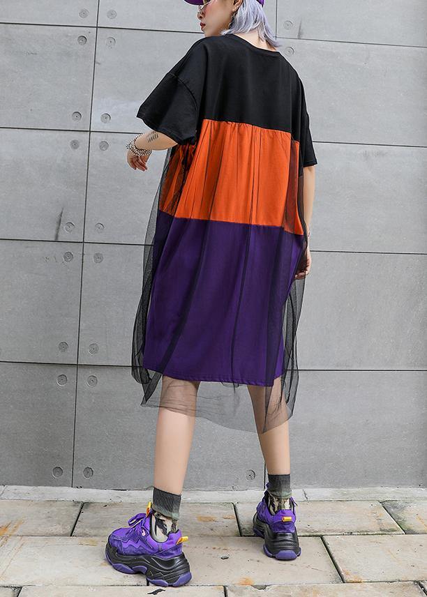 Simple patchwork tulle Cotton dresses pattern black Dresses summer - SooLinen