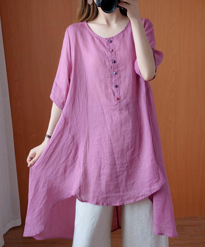 Simple pink clothes For Women o neck asymmetric Midi blouse - SooLinen