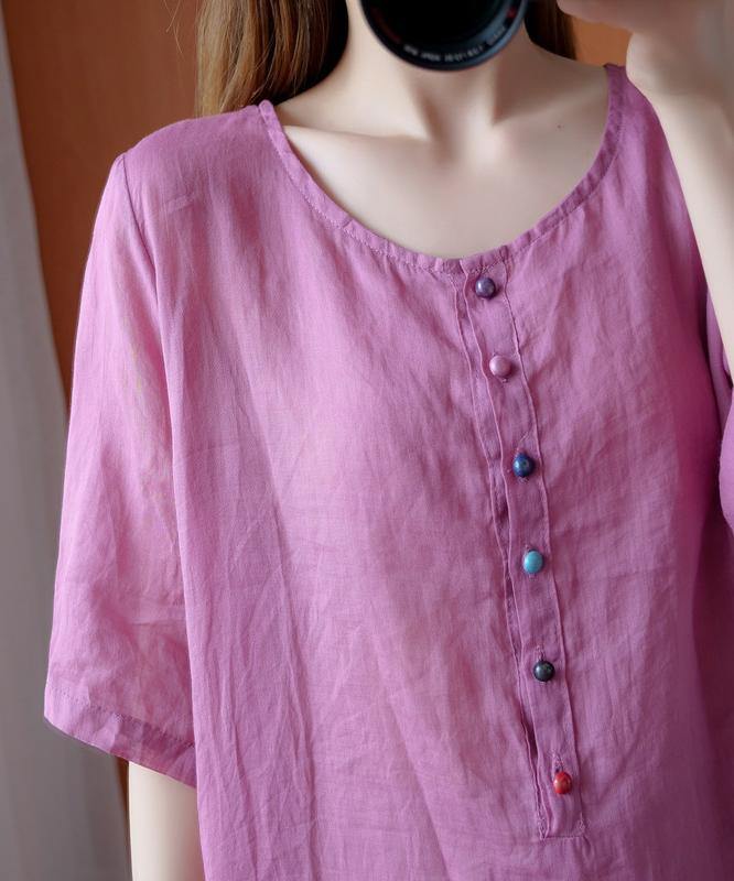 Simple pink clothes For Women o neck asymmetric Midi blouse - SooLinen