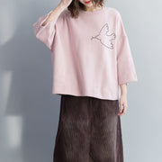 Einfache rosa Baumwollblusen für Frauen Fitted Tunic Tops Baumwoll-Frühlings-O-Neck-Shirt