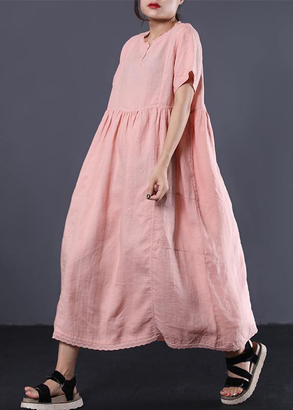 Simple pink high waist linen Wardrobes v neck Kaftan summer Dress - SooLinen