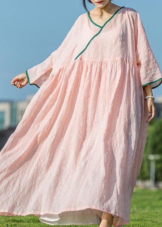 Simple pink linen Robes v neck exra large hem Maxi summer Dresses - SooLinen