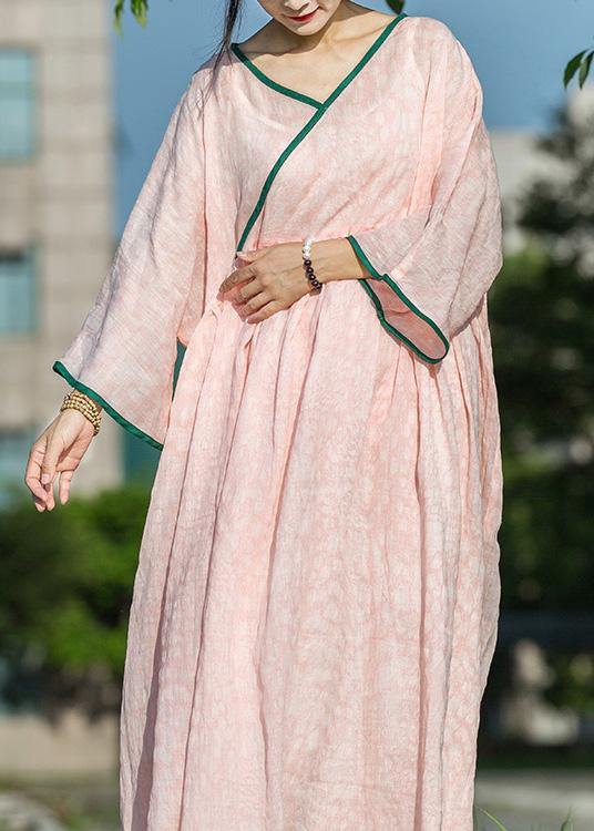 Simple pink linen Robes v neck exra large hem Maxi summer Dresses - SooLinen