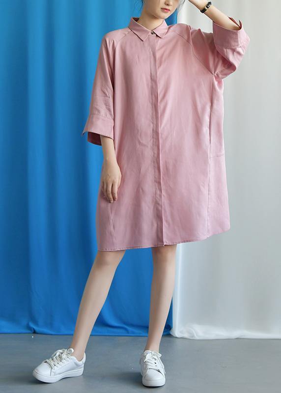 Simple pink linen dress flare sleeve cotton fall Dress - SooLinen
