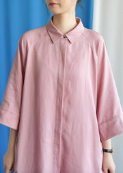 Simple pink linen dress flare sleeve cotton fall Dress - SooLinen
