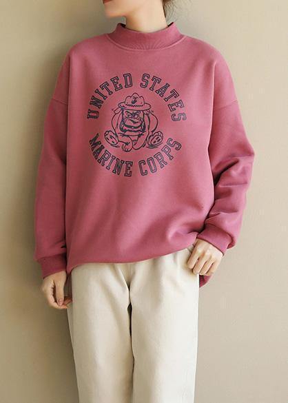 Simple pink prints cotton shirts half high neck short spring Sweatshirt - SooLinen