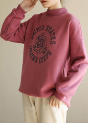 Simple pink prints cotton shirts half high neck short spring Sweatshirt - SooLinen
