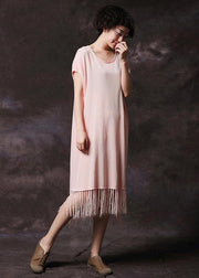 Simple pink tassel cotton Long Shirts o neck loose summer Dress - SooLinen