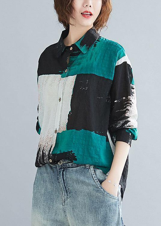 Simple print cotton linen clothes For Women Sewing lapel Button top - SooLinen