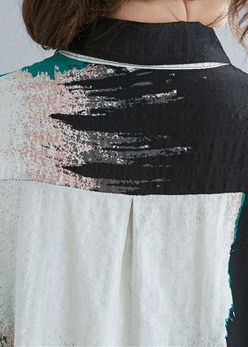 Simple print cotton linen clothes For Women Sewing lapel Button top - SooLinen