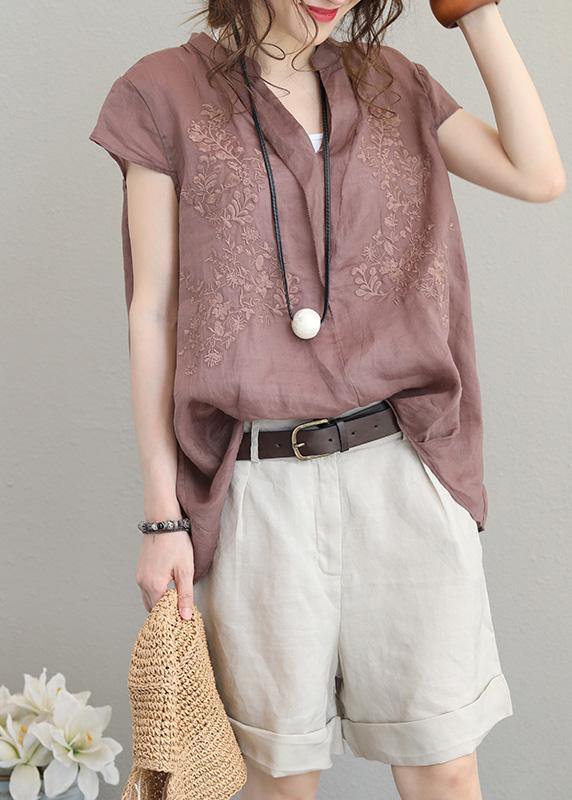 Simple purple khaki linen clothes stand collar short summer tops - SooLinen