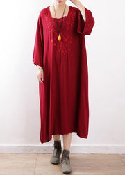 Simple red embroidery clothes For Women o neck Maxi fall Dresses - SooLinen