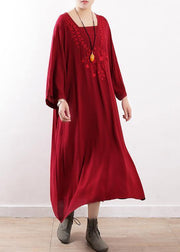 Simple red embroidery clothes For Women o neck Maxi fall Dresses - SooLinen