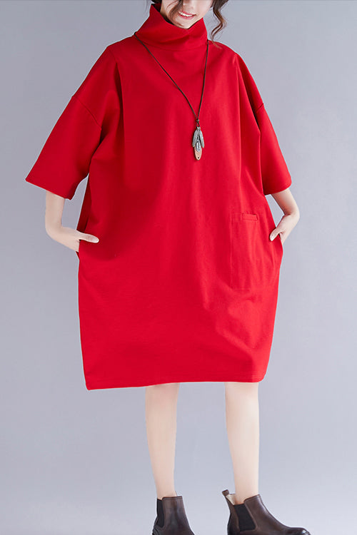 Simple red knit clothes Metropolitan Museum Sleeve high neck Half sleeve oversized spring Dresses