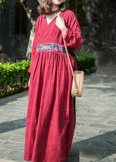 Simple red linen clothes v neck embroidery cotton robes summer Dresses - SooLinen