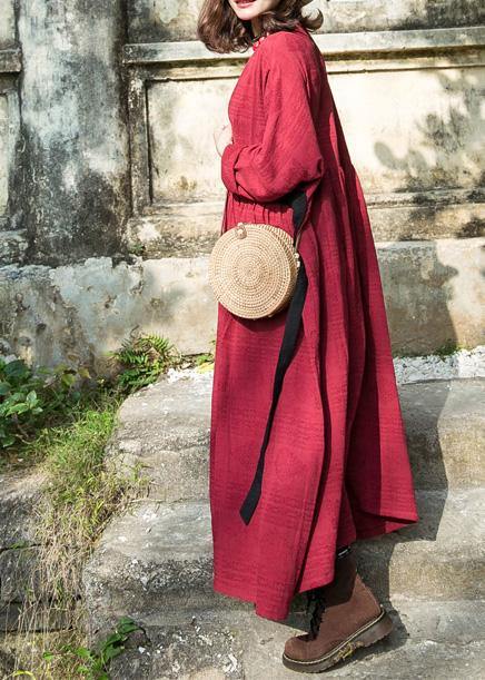 Simple red linen clothes v neck embroidery cotton robes summer Dresses - SooLinen