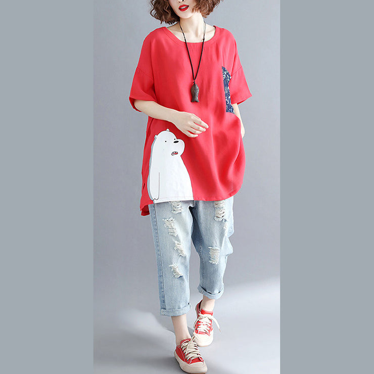 Simple red linen cotton linen tops women blouses Boho design pockets Batwing Sleeve daily tops