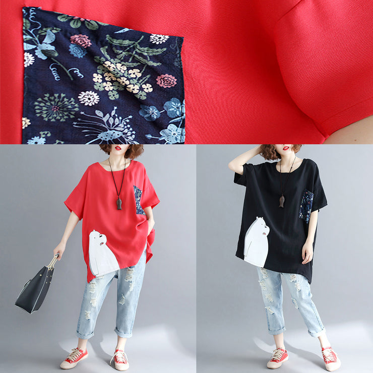 Simple red linen cotton linen tops women blouses Boho design pockets Batwing Sleeve daily tops