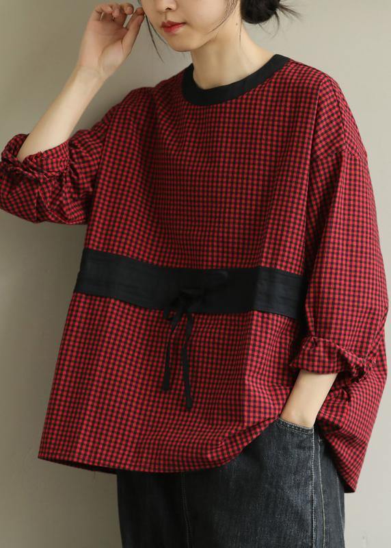 Simple red plaid clothes o neck tie waist baggy fall top - SooLinen