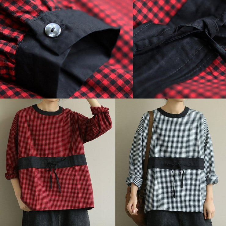 Simple red plaid clothes o neck tie waist baggy fall top - SooLinen